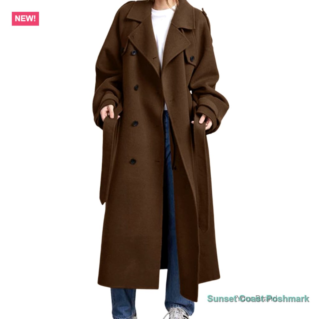 Women's Winter Wool Blend Double Breasted Trench Coat With Belt